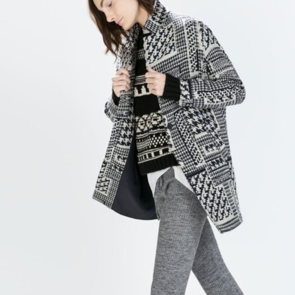 Zara Houndstooth Navy Wool Blend Coat - Picture 2 of 14